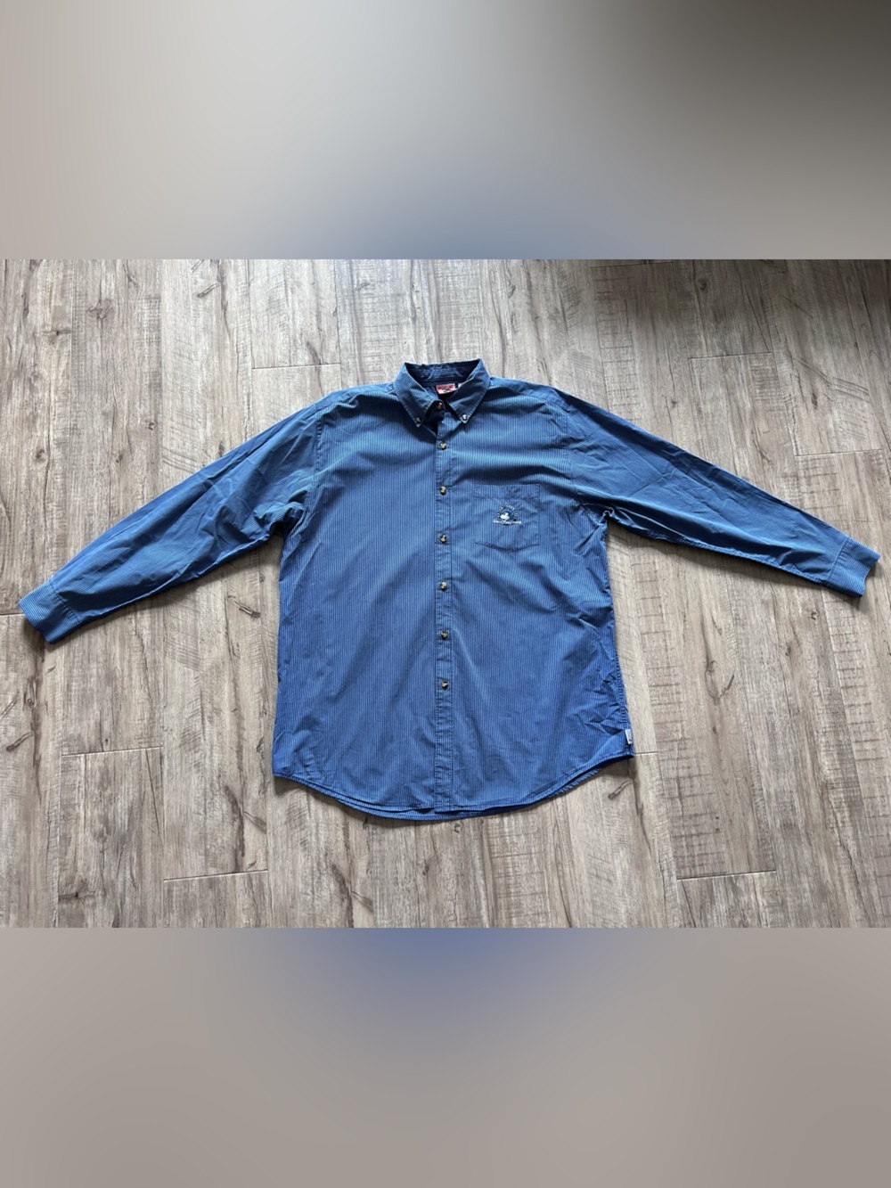 Vintage Walt Disney World Parks Mens Large Blue Striped Button Up cotton Shirt